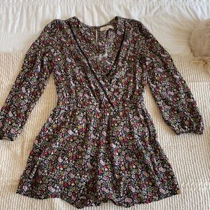 LOFT Black Floral Wrap Romper with Pink, Yellow and Green Accents